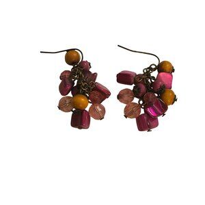 Vintage Cluster Drop Earrings With Pink Beads Wood Accent On Antique Brass Hooks